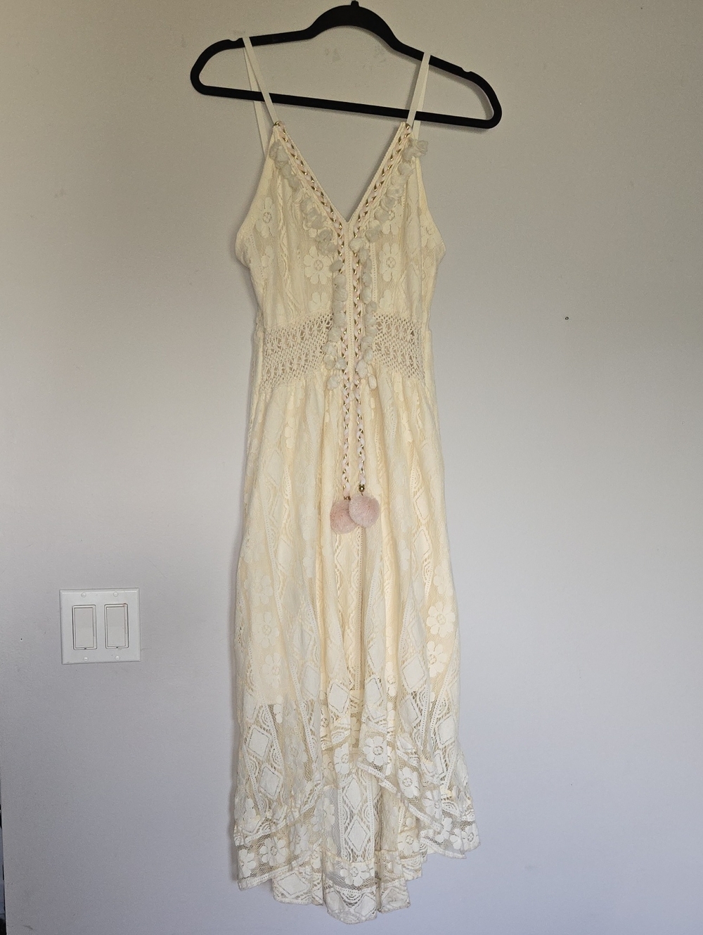 Cream Lace Maxi Dress with Pom Tie Accents